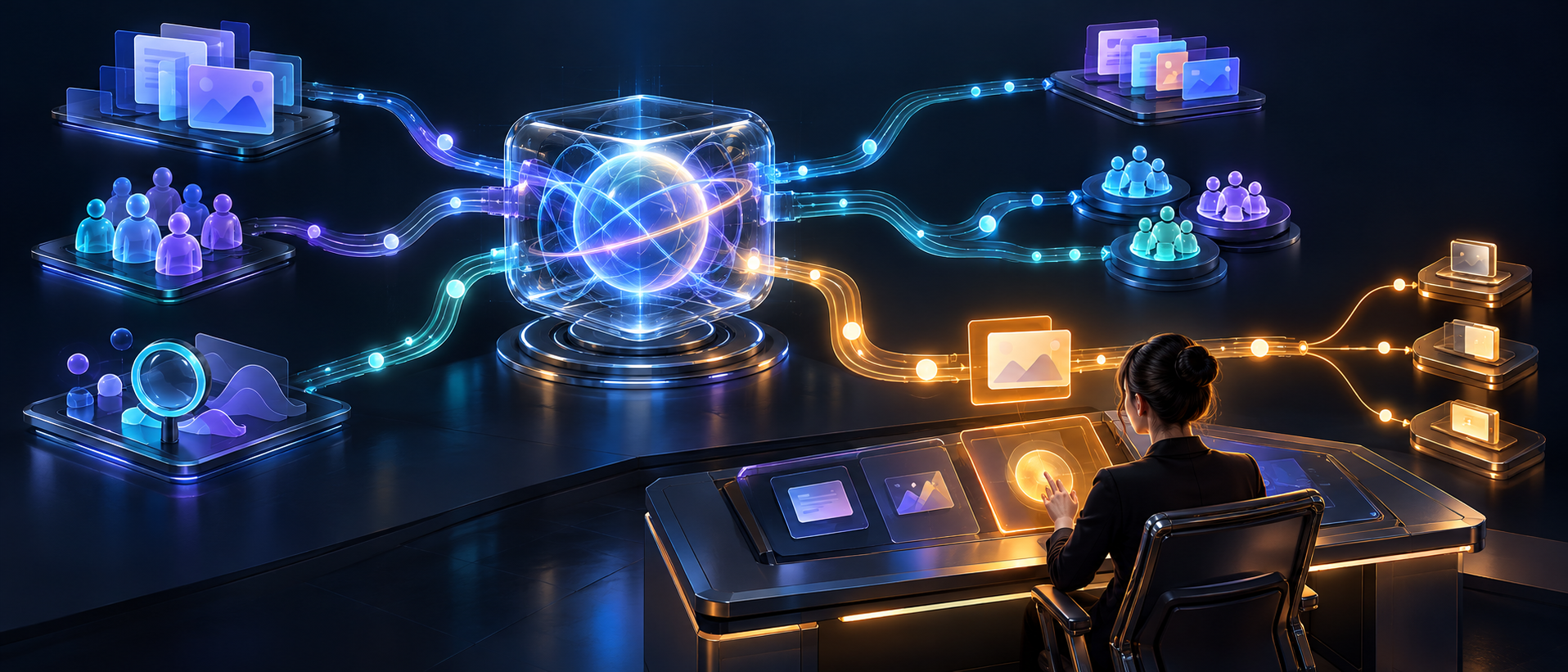 A marketing lead reviews an illuminated network of automated tasks, tools, approval checkpoints, and publishing channels.