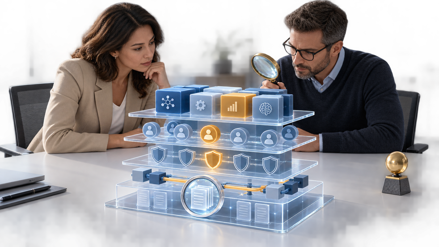 Two business evaluators inspect layered AI product, security, integration, and outcome symbols while a small recognition object sits to the side.