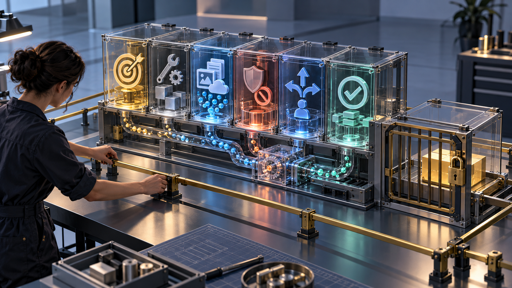 A person adjusts boundary rails around a modular workflow machine with separate inputs, tools, checks, and a locked approval gate.
