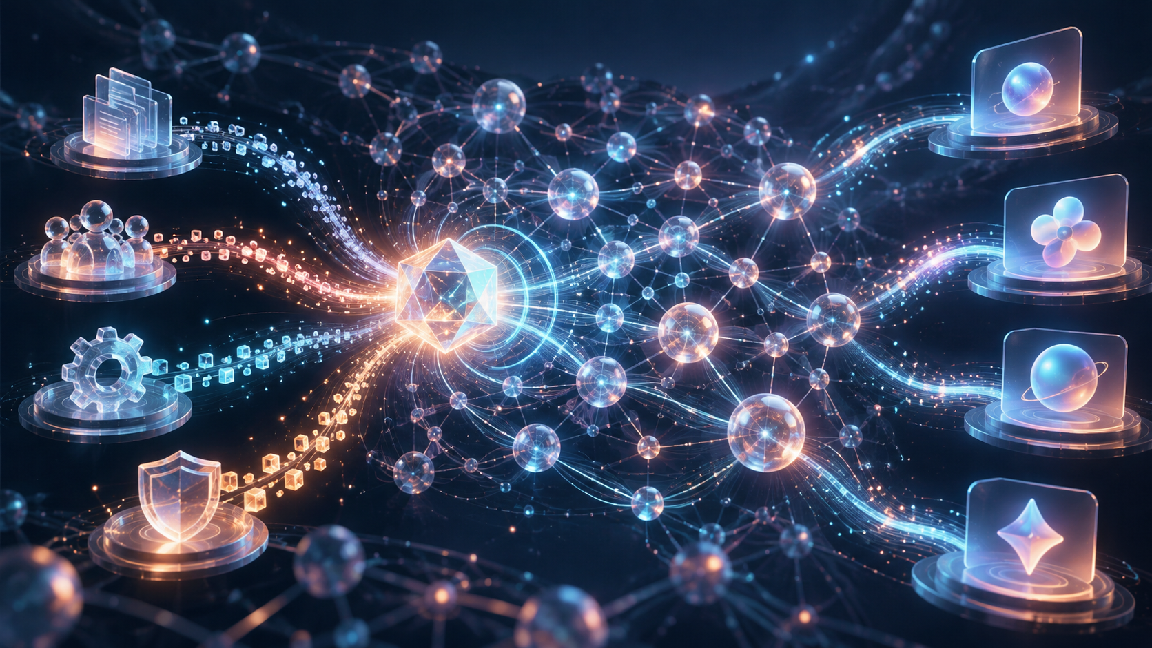 A glowing central signal travels through interconnected nodes and discovery pathways, strengthened by multiple supporting content and verification elements.