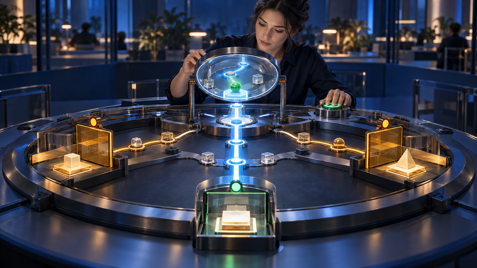 A marketing reviewer inspects a glowing decision path while uncertain workflow branches remain paused at amber approval gates.