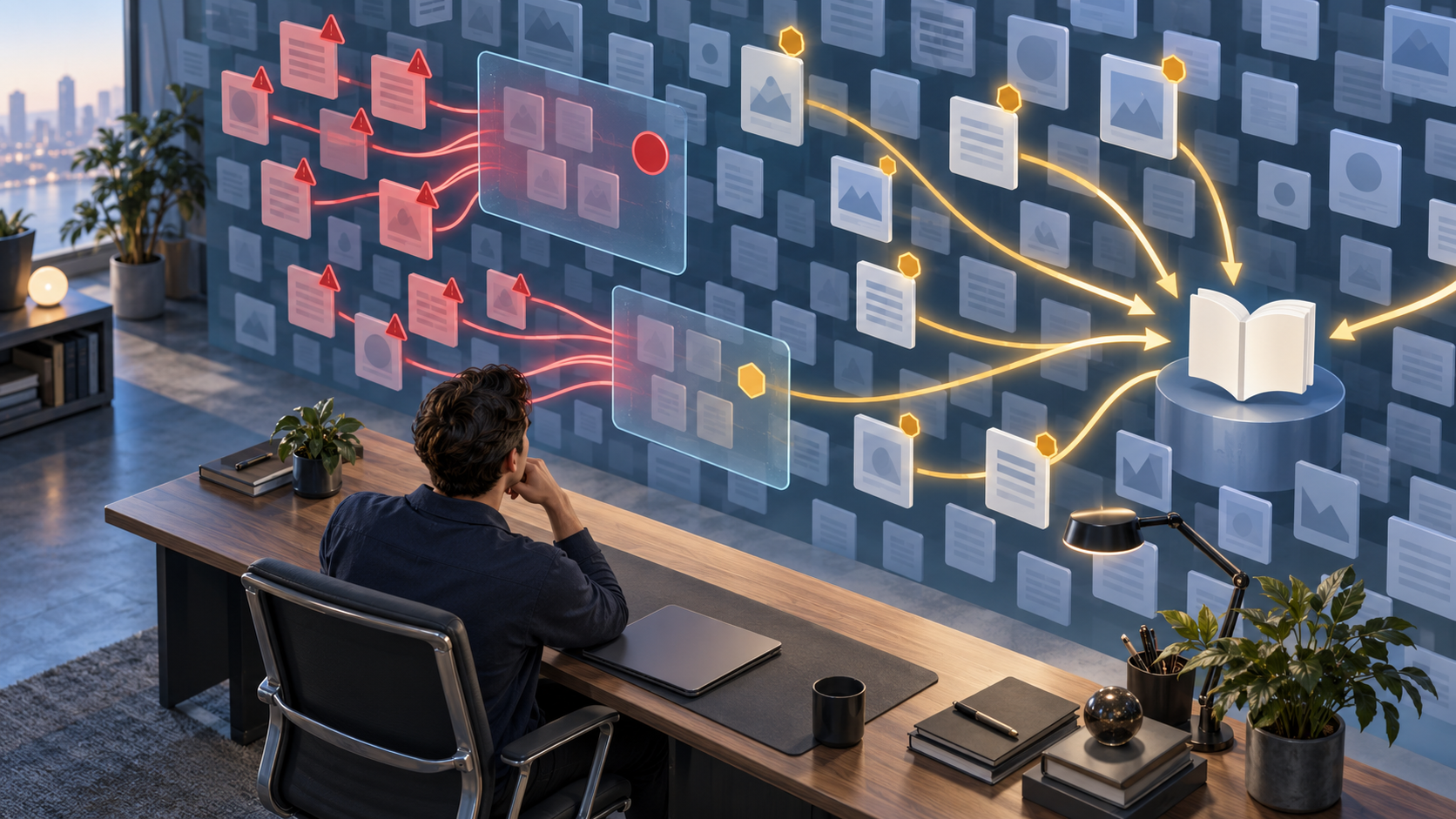 An analyst examines abstract content tiles and visitor pathways, some of which stop at translucent summary panels before reaching a publication.