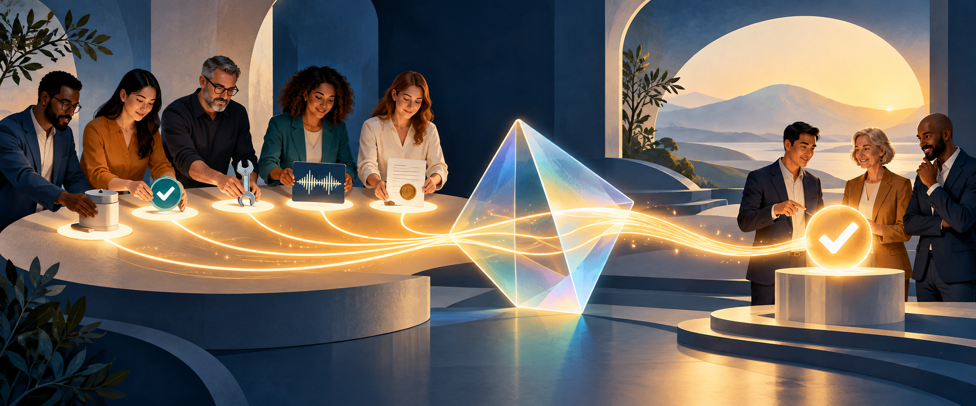 Experts and customers place product samples, service tools and other evidence on a table, forming a glowing path through an abstract AI prism toward people making a choice.