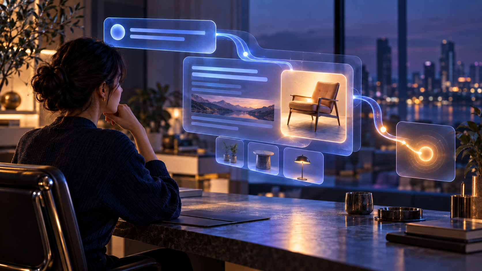 A person views layered conversational panels with an unlabeled product tile integrated into a glowing AI response flow.