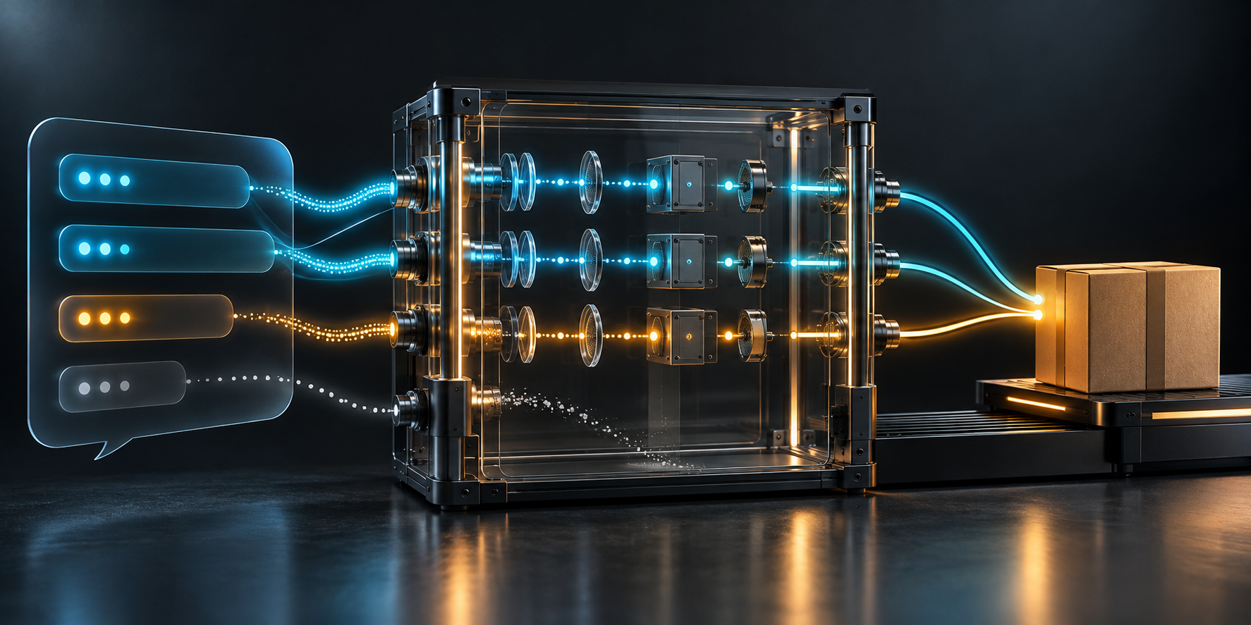 A testing chamber and sensors trace glowing signals from a conversational interface to a purchase package, while an unmeasured path fades away.