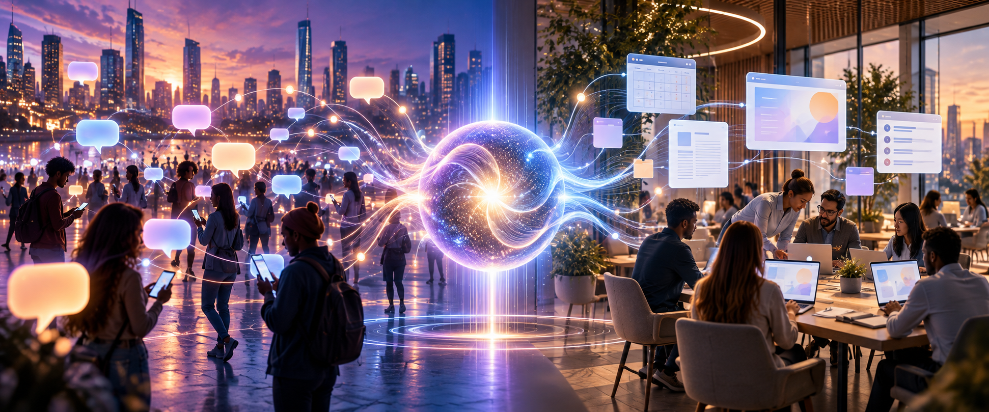 A central glowing AI core links a public mobile conversation network on one side with a structured workplace collaboration environment on the other.