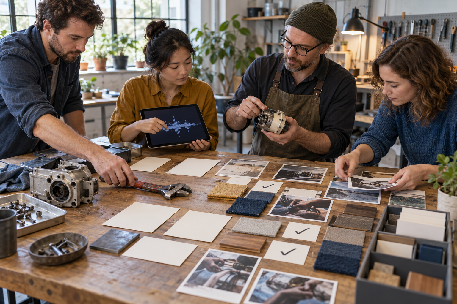 A cross-functional team organizes tools, product samples, process photos and customer research into a structured evidence library.