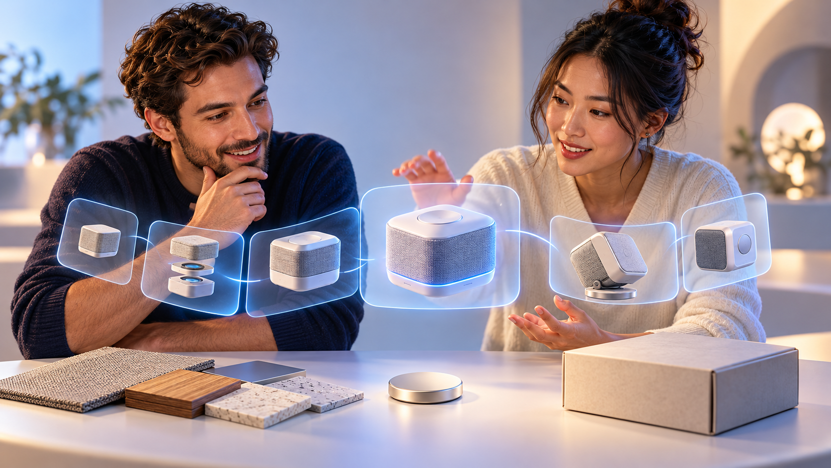 Two people interact through a curved sequence of blank conversational panels as a product object adapts during the exchange.