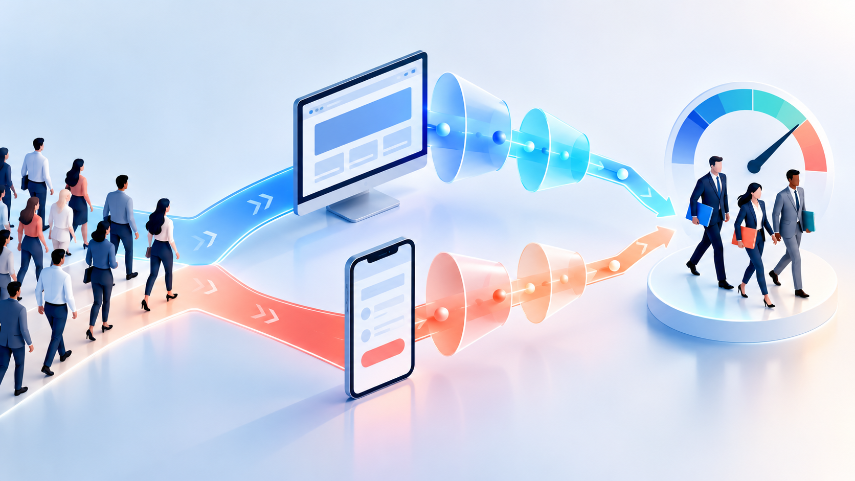 Isometric illustration of ad visitors splitting between a desktop landing page and a mobile lead form before moving through funnels to qualified business prospects.