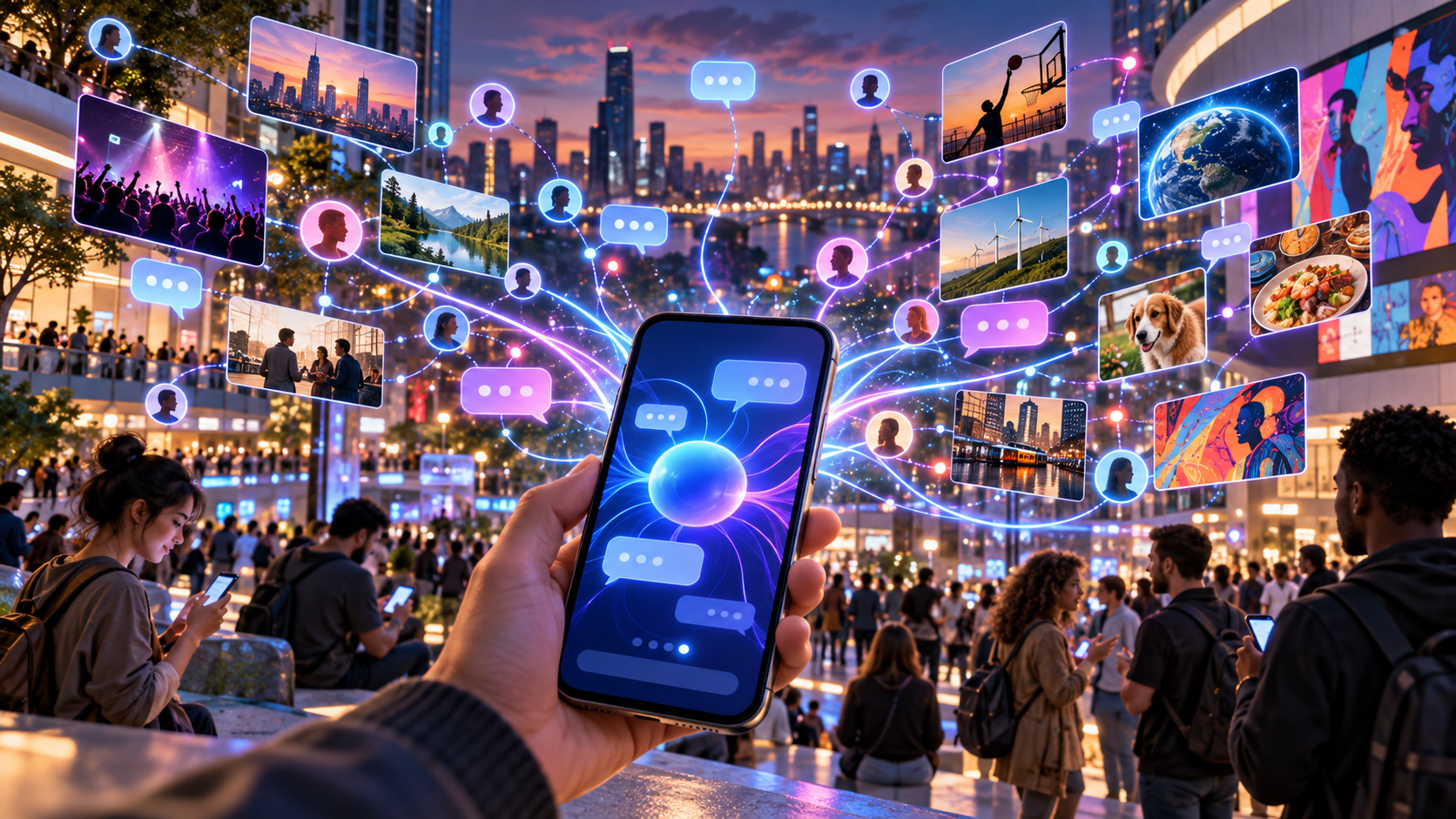 A person uses a smartphone as glowing connections spread into a large public network of people and conversation symbols.