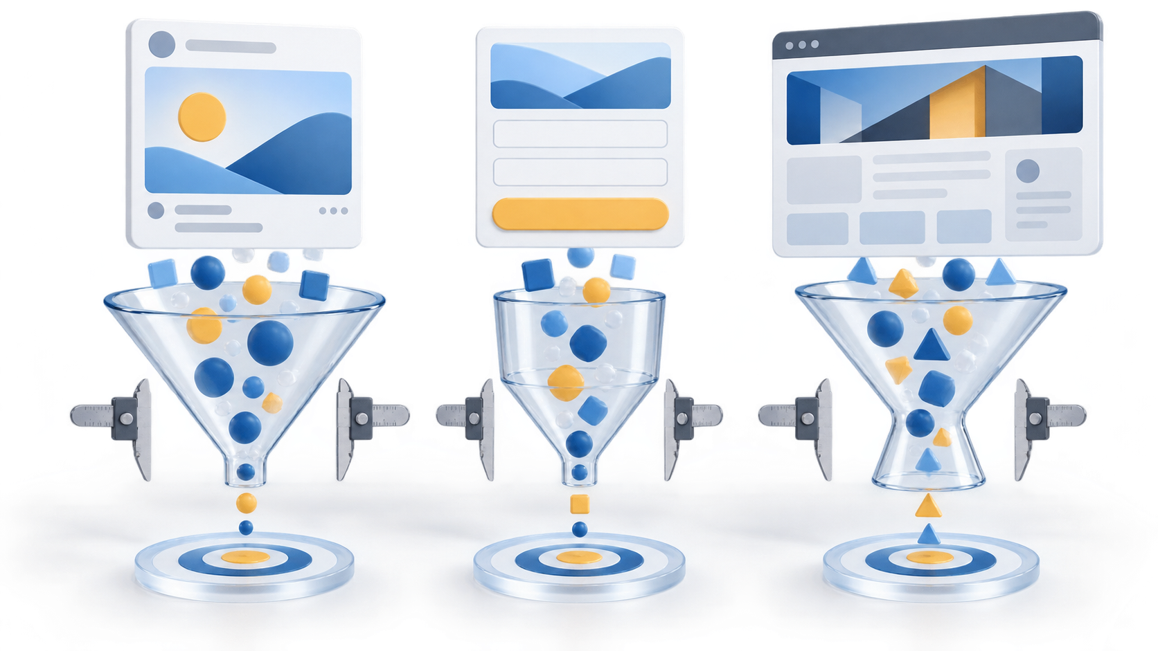 Three generic digital ad formats appear on separate panels, each connected to its own funnel, measuring tool, and target.