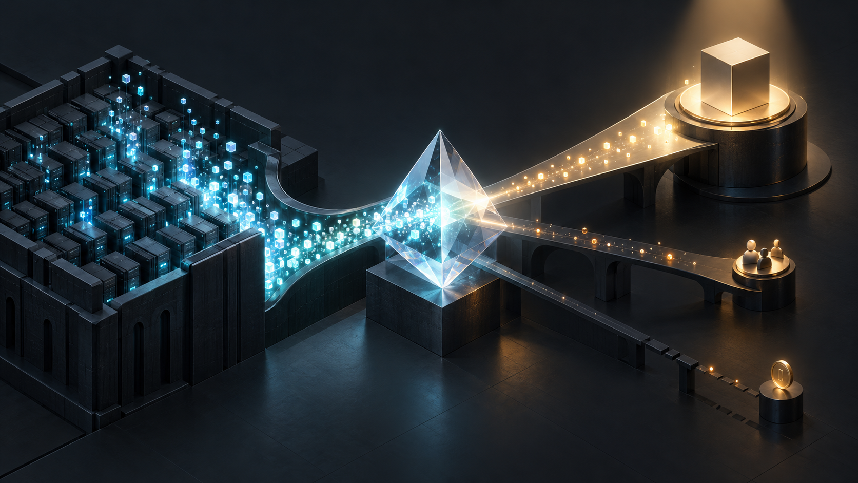 Glowing information particles emerge from a repository and enter a central prism, then split into pathways that narrow sharply before reaching product, interaction, and value symbols.