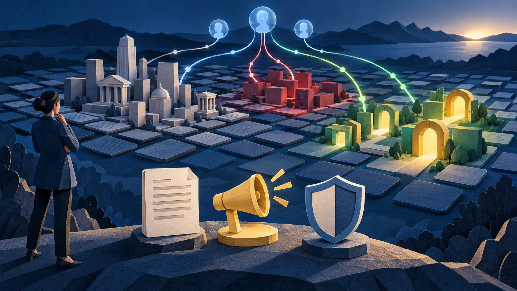 A strategist examines a landscape of source tiles, citation paths, open gateways, and symbols for content, outreach, and reputation work.
