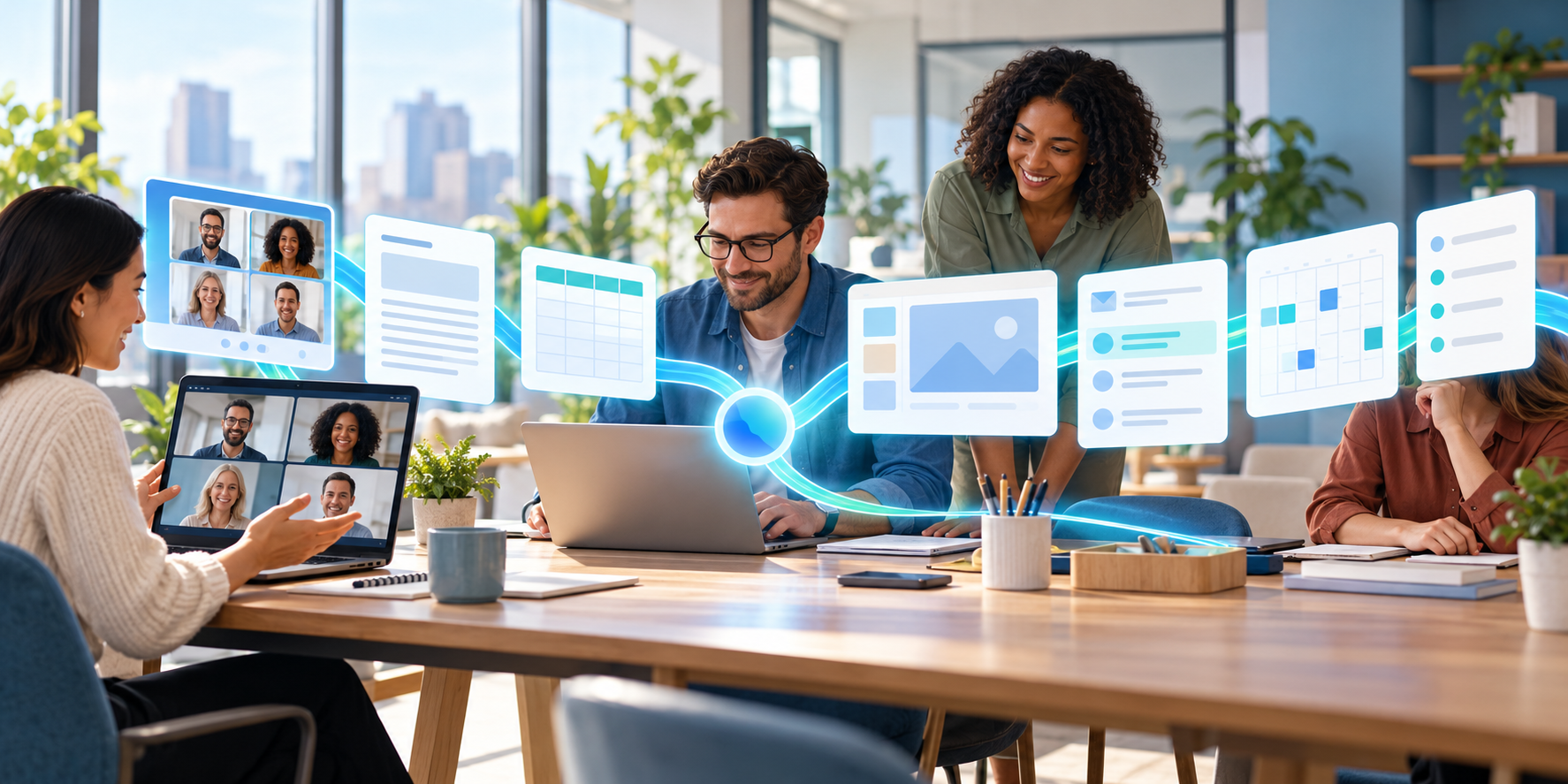 An office team works across meetings, documents, schedules, and other connected digital tools joined by a ribbon of light.