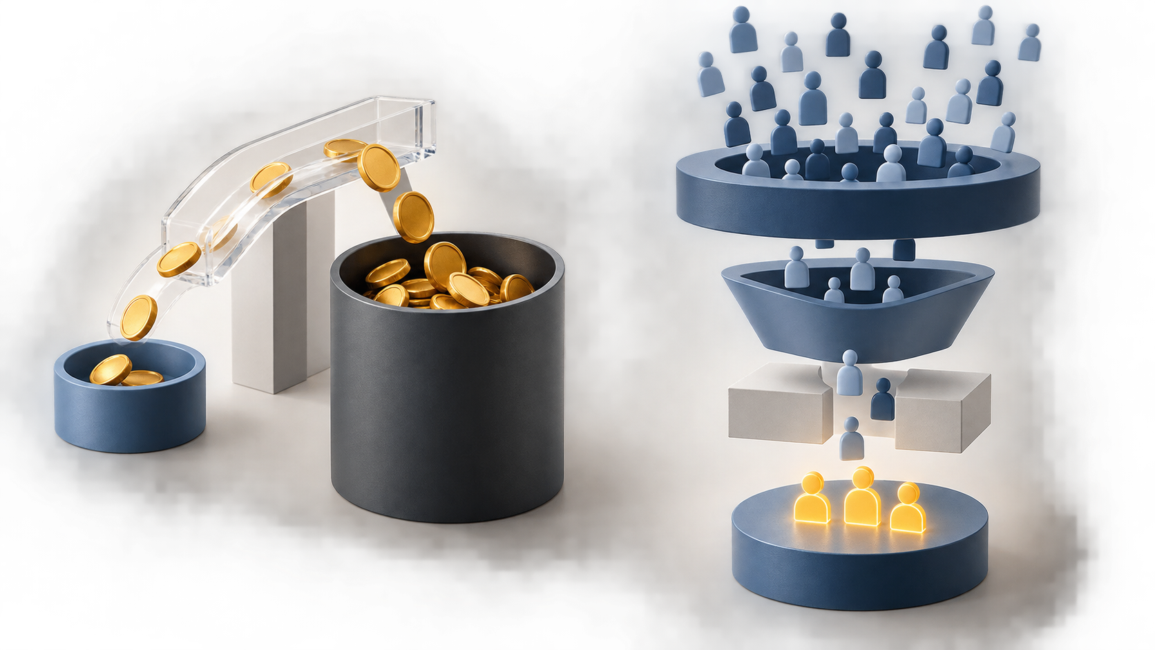 Two separate mechanisms show coins being redirected on one side and audience figures moving through a conversion funnel on the other.