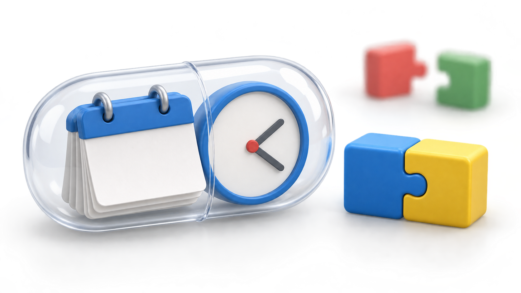 A calendar and clock enclosed in one capsule beside two interlocking pieces, illustrating duration and unit as a single value.