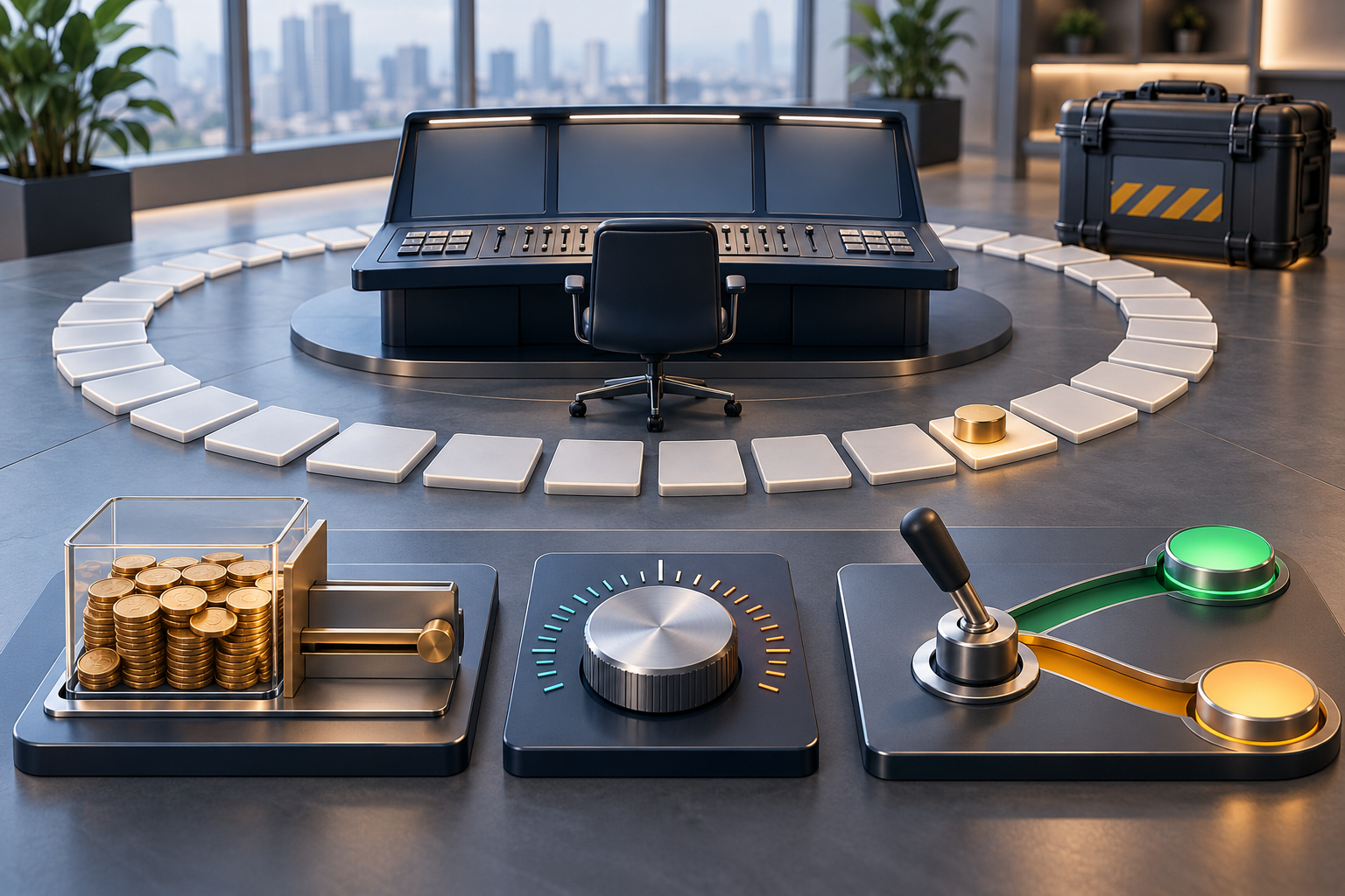 A campaign control console is surrounded by blank day tiles, with separate controls for spending, bidding, and stop-or-continue decisions.