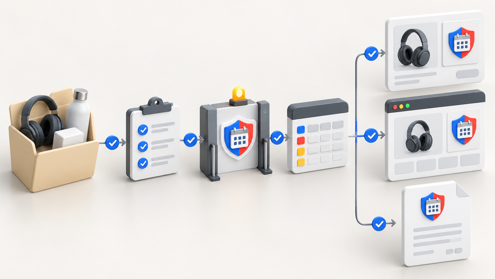 A product warranty workflow passes through validation and approval before reaching matching feed, storefront, and warranty document representations.