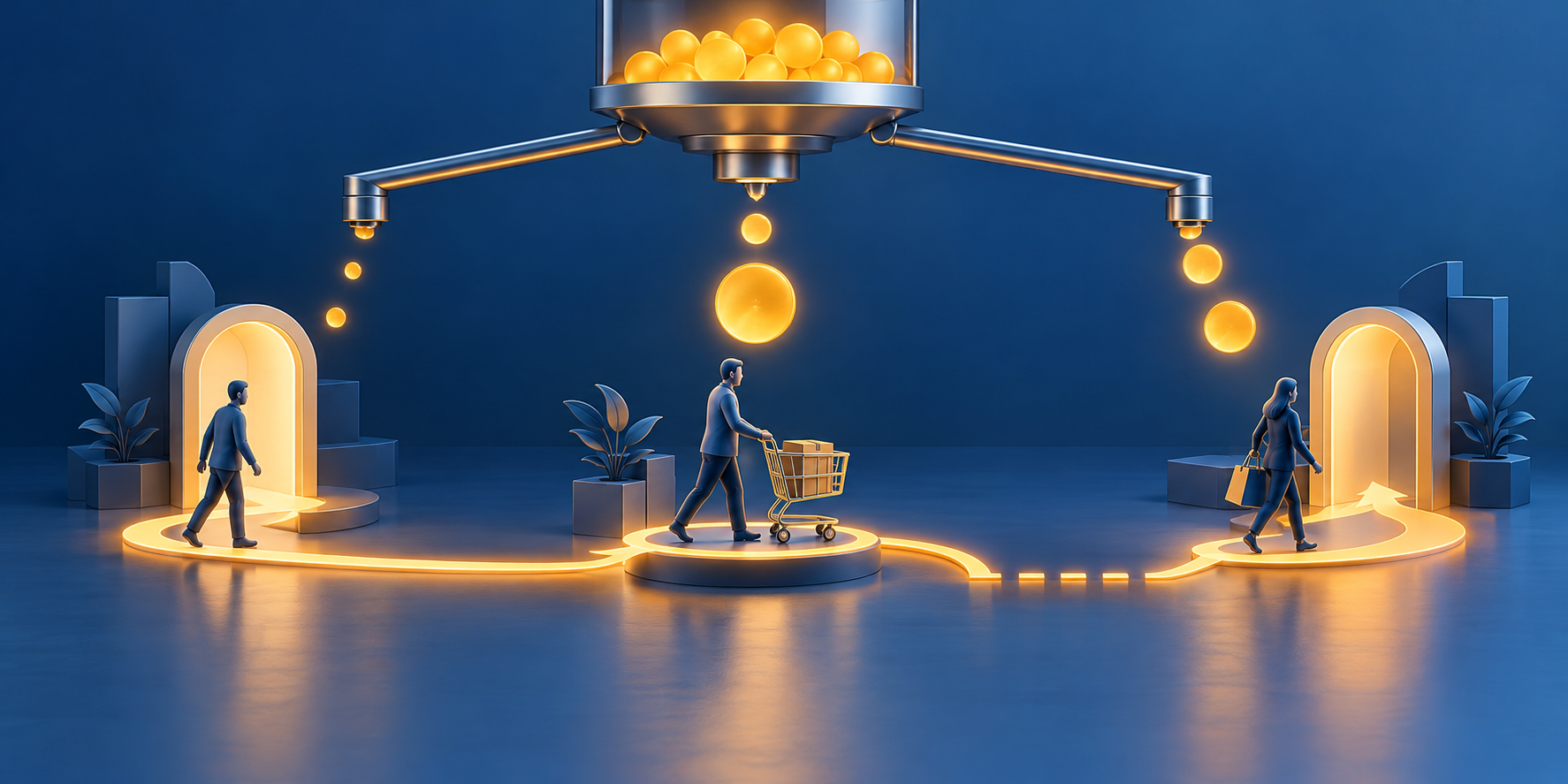 A glowing customer journey connects a new shopper, an active buyer, and a returning customer while a bidding mechanism distributes different-sized value tokens.