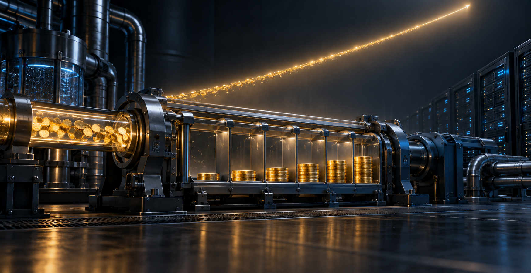 A stream of coins passes through a measuring chamber while a glowing projected path extends beyond the smaller amount physically accumulated.