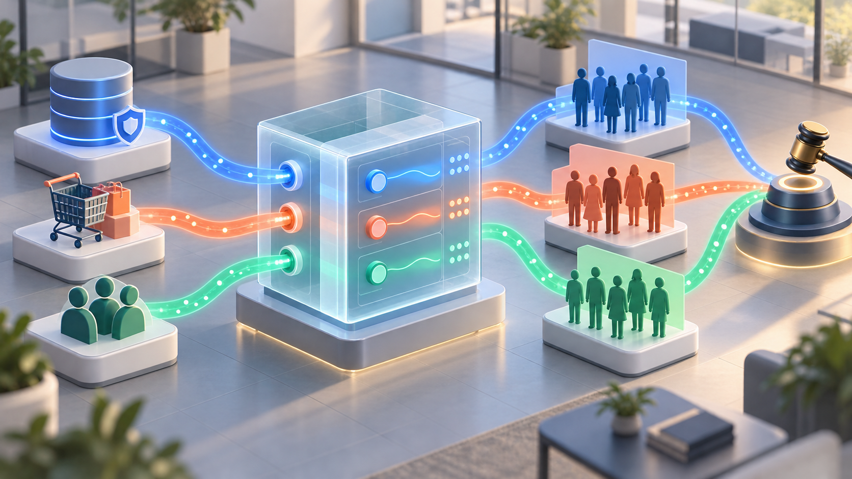 Customer records and audience groups feed colored data signals into a central control console connected to an advertising auction mechanism.