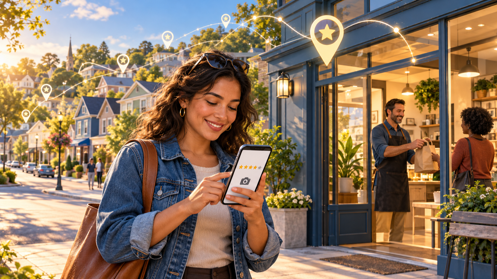 A customer uses a smartphone outside a neighborhood business while subtle map pins and star symbols connect the storefront to nearby streets.