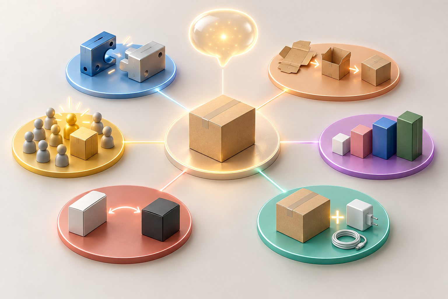 Six visual data modules depict compatibility, instructions, variants, accessories, substitutes, and shopper preference around a generic product.