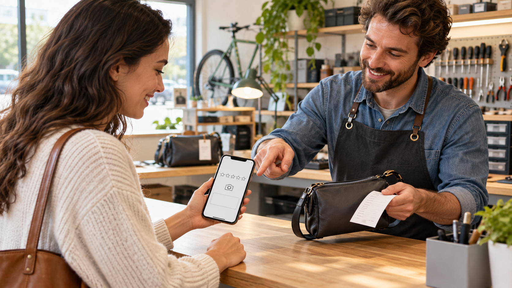 An employee completes a service handoff while a customer opens a generic review screen on a smartphone.