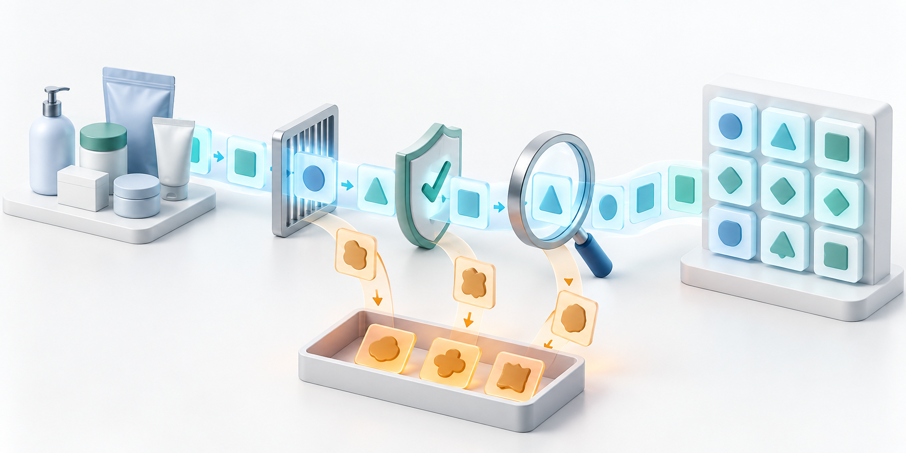 A secondary stream of product data passes through filter, validation, and review checkpoints before joining an organized catalog.