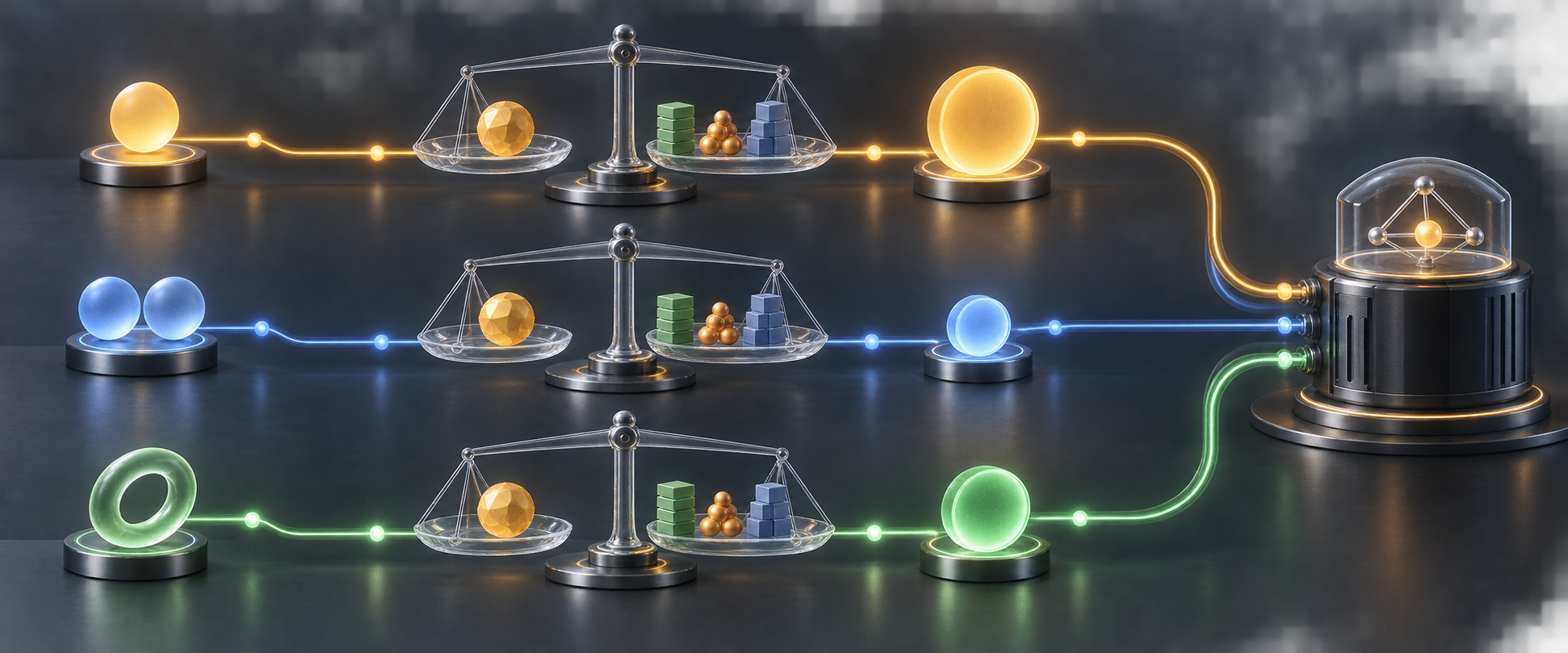Three customer paths use balance scales to compare revenue, margin, repeat-purchase potential, and acquisition cost before receiving different-sized bidding tokens.