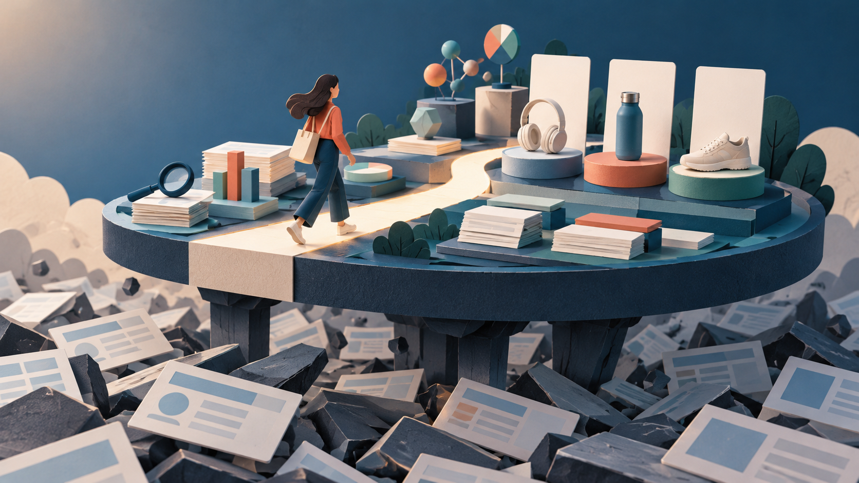 A shopper follows a lit path across a research platform toward unbranded products while generic content tiles shift below.
