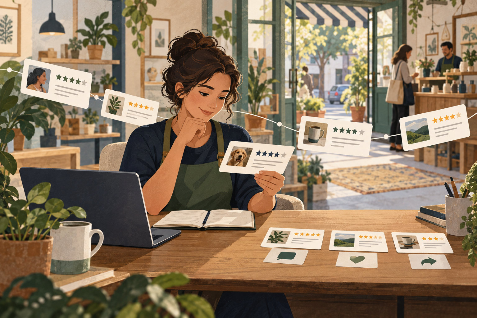 A business owner reviews varied customer feedback cards arriving at regular intervals while the business operates in the background.