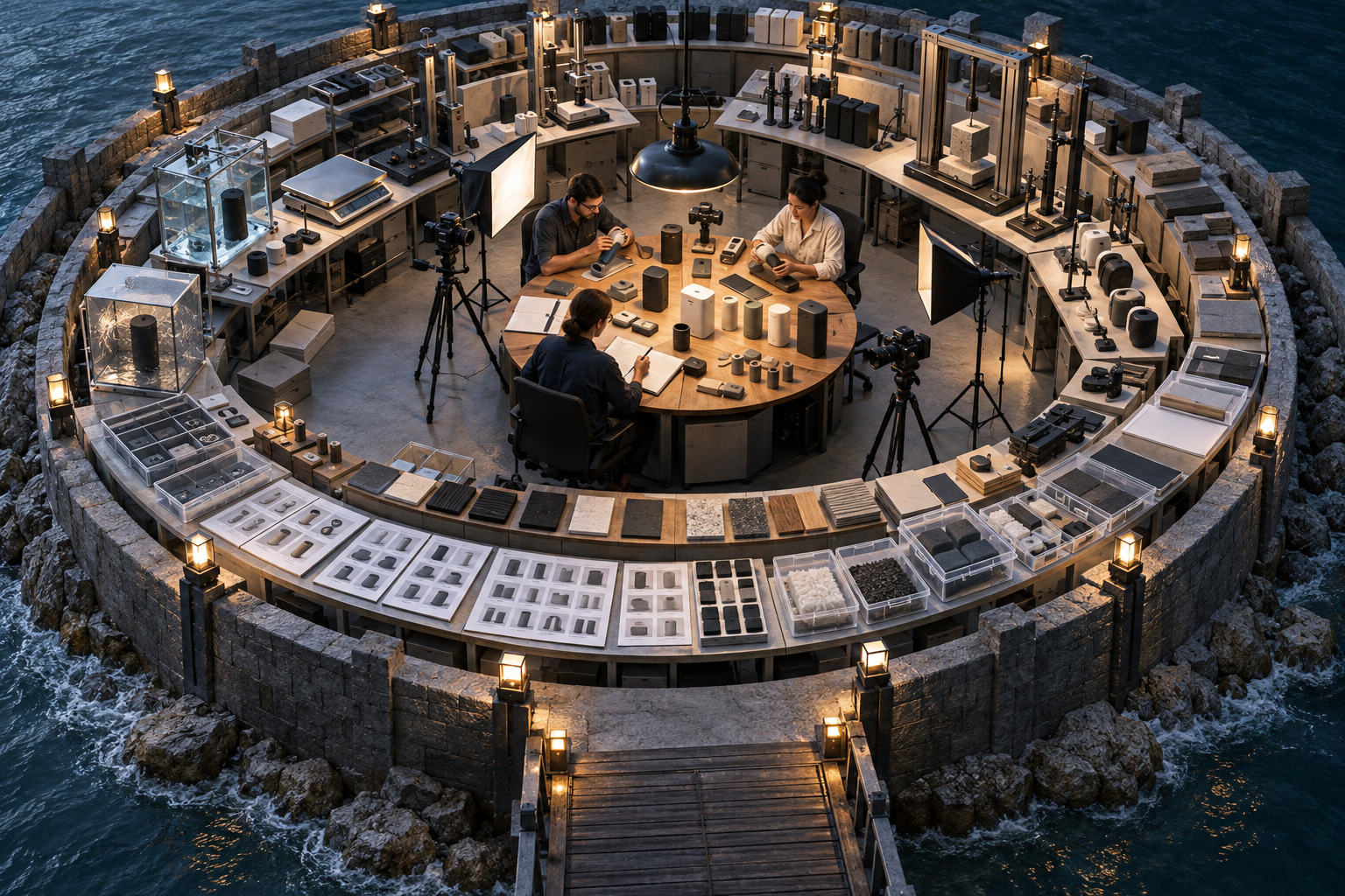 An overhead view of a product testing workspace surrounded by measuring tools, samples, photographs, and inspection equipment.