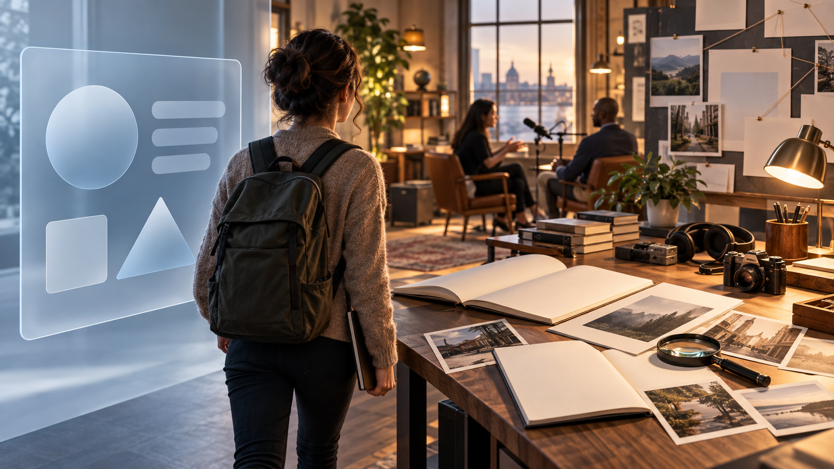 A reader walks past a shallow translucent summary card toward a warmly lit space filled with reporting materials and investigative work.