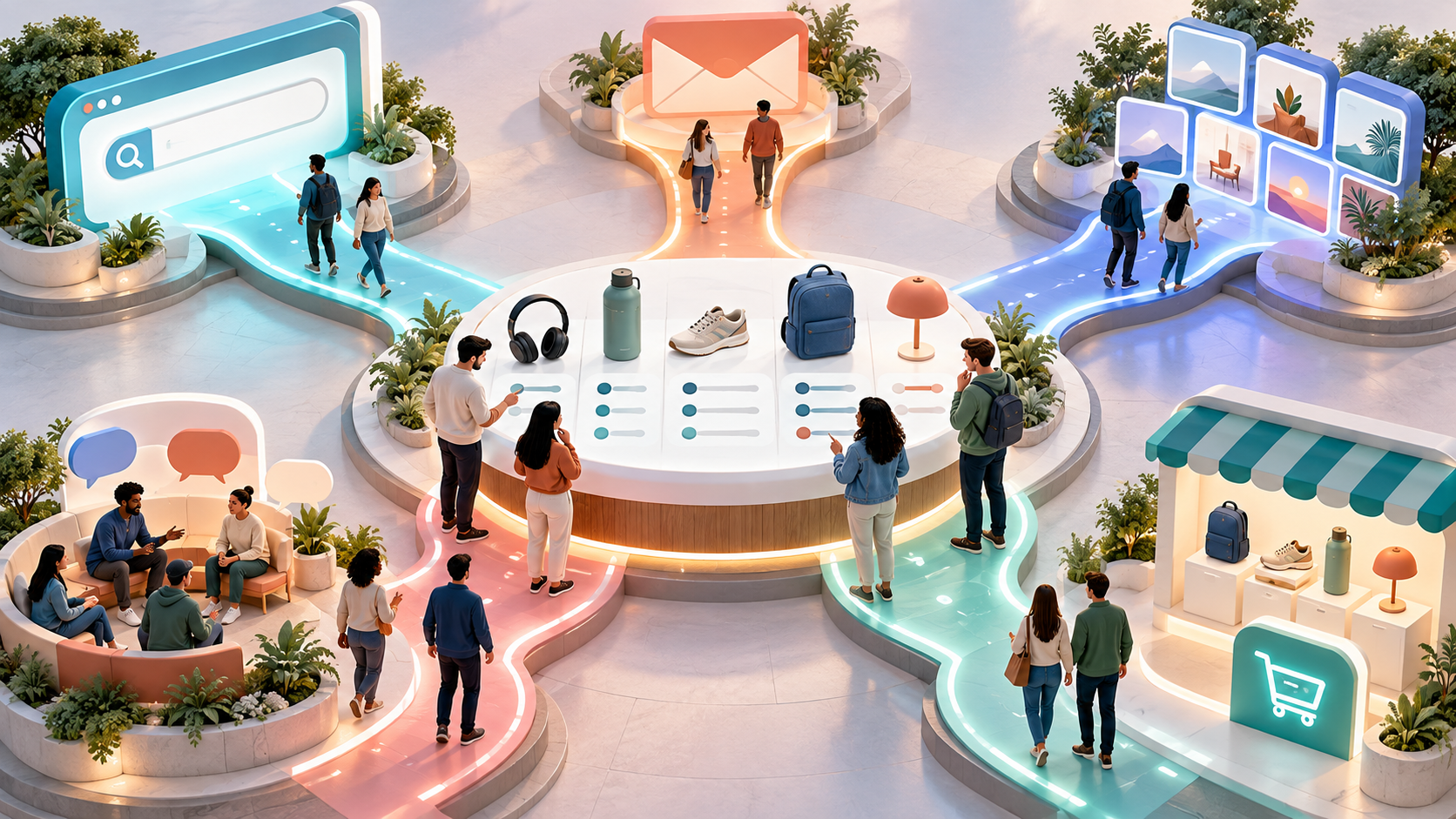 An isometric decision station connects shoppers from search, email, social, community, and storefront pathways to unbranded products.