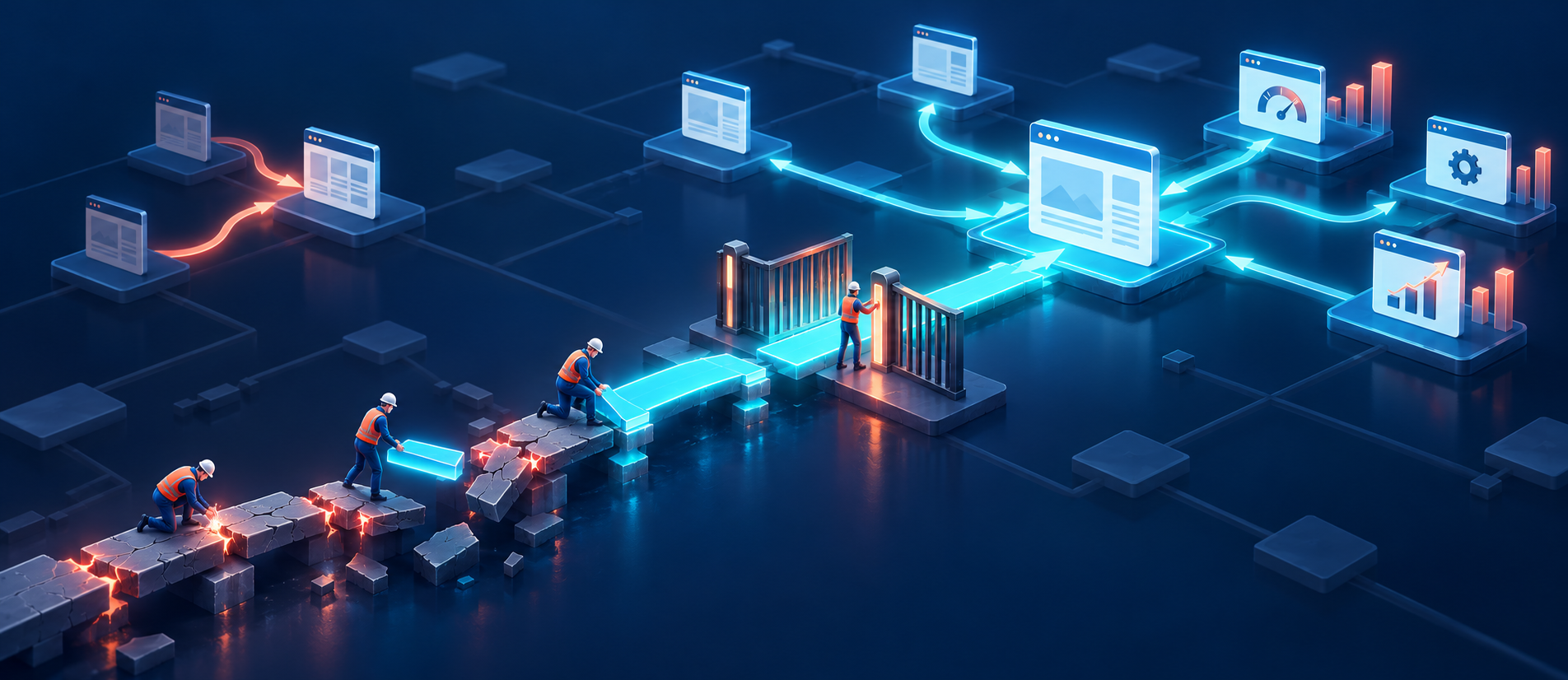 Isometric illustration of technicians repairing broken connections between webpage tiles in a staged sequence.