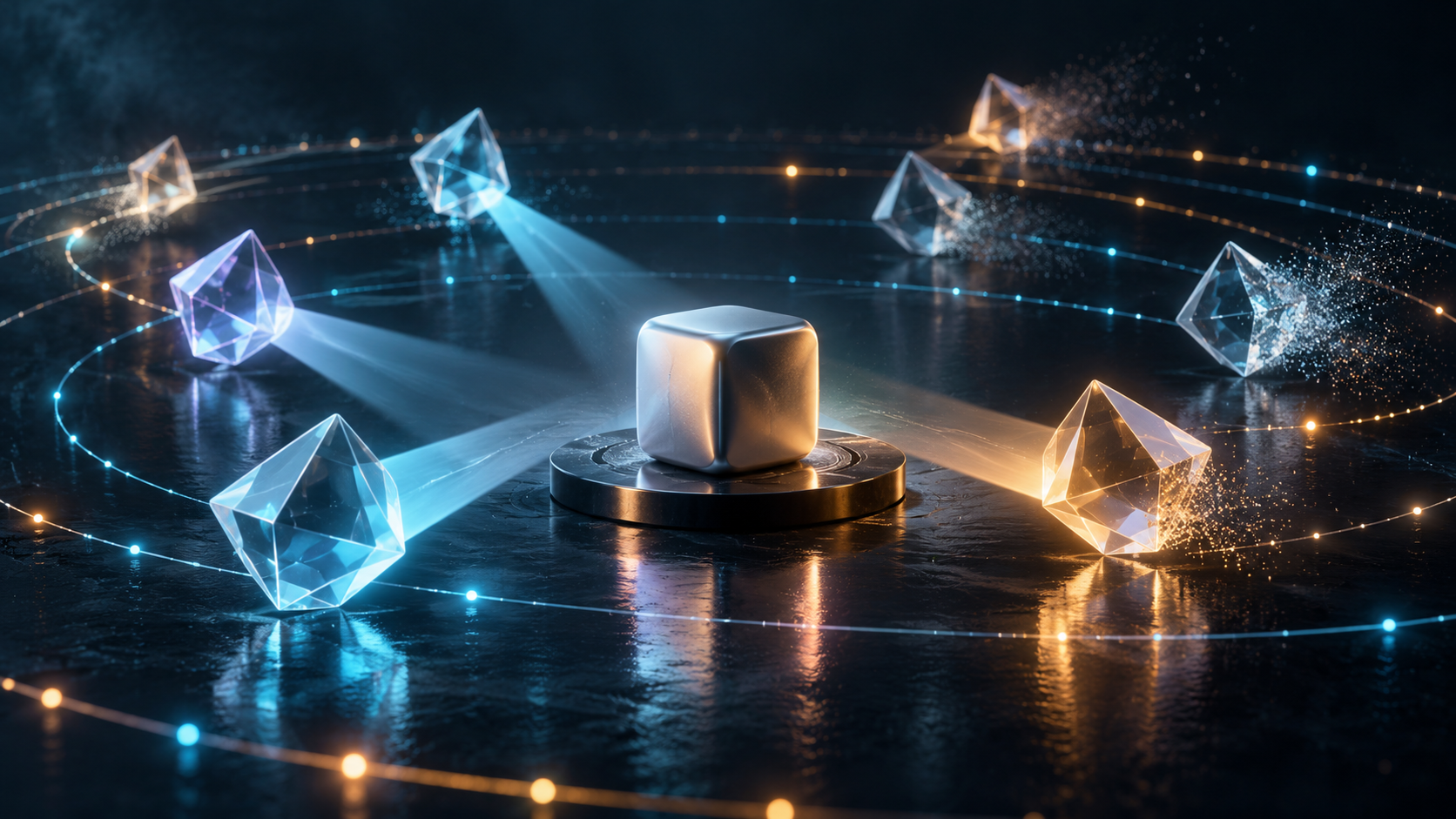 A product-shaped object surrounded by translucent prisms whose light beams alternately connect to it or fade away.