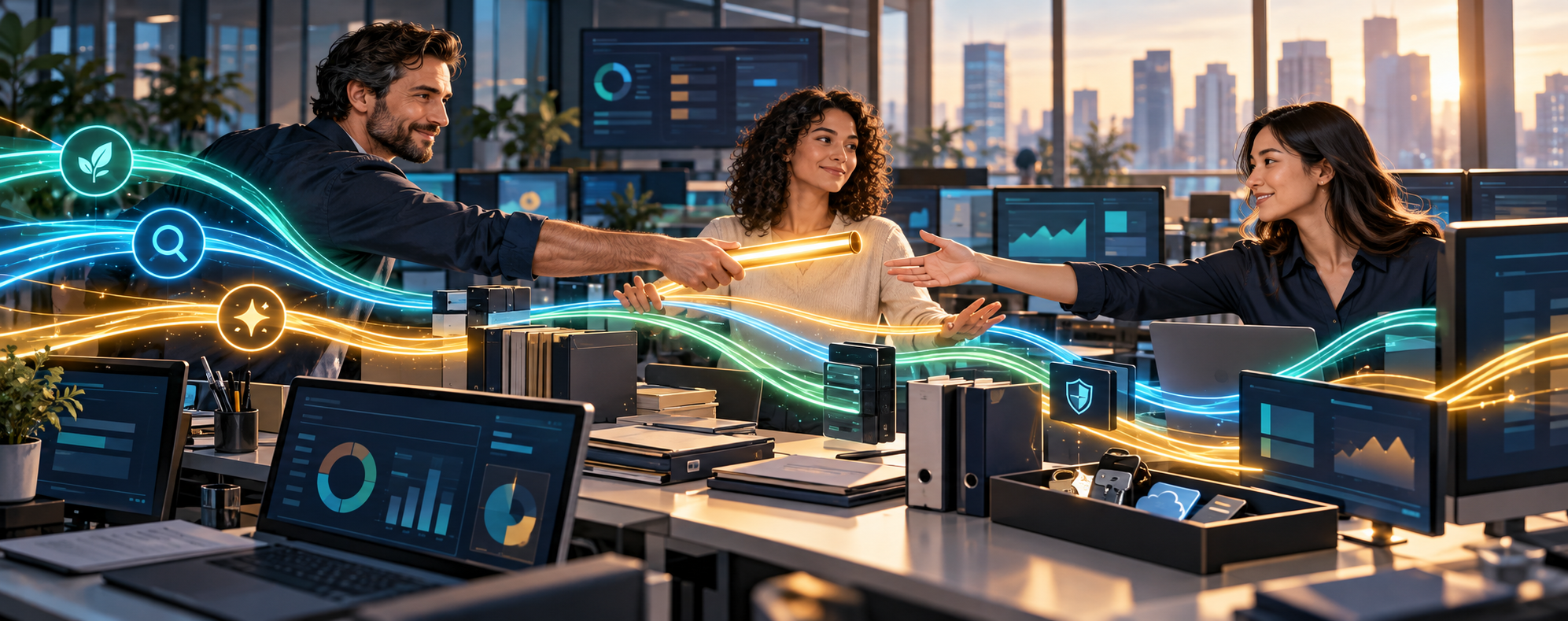 Three colleagues maintain glowing workflow paths as one specialist passes a relay baton to another in a modern operations room.