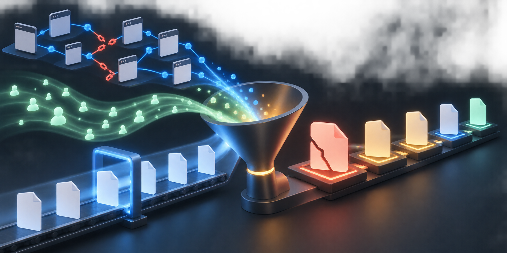 Three abstract data streams for crawling, traffic, and indexing merge into an ordered row of website repair tasks.