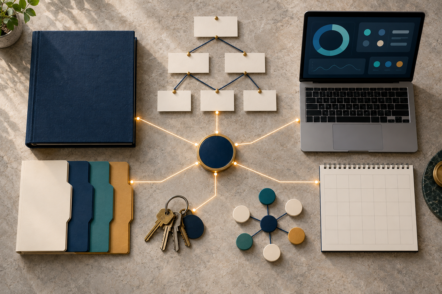 An organized desk holds an unlabeled binder, blank decision cards, access keys, a calendar, contact tokens, and a laptop with an abstract status display.