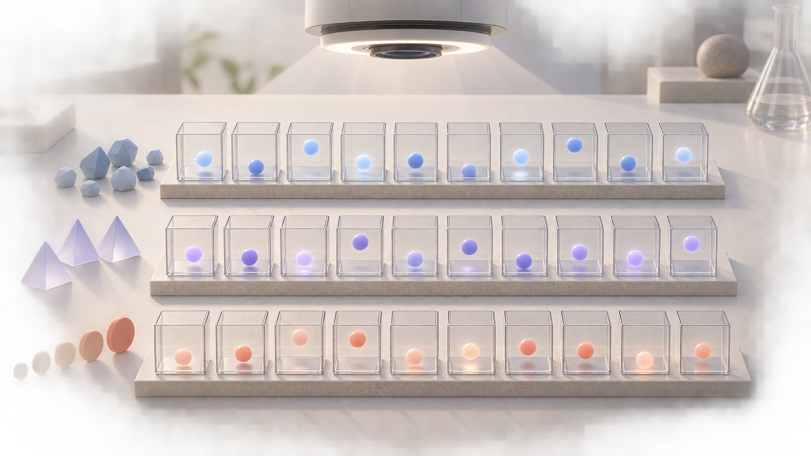 Rows of transparent sample chambers show a brand token at varying brightness across query, assistant, and time markers.