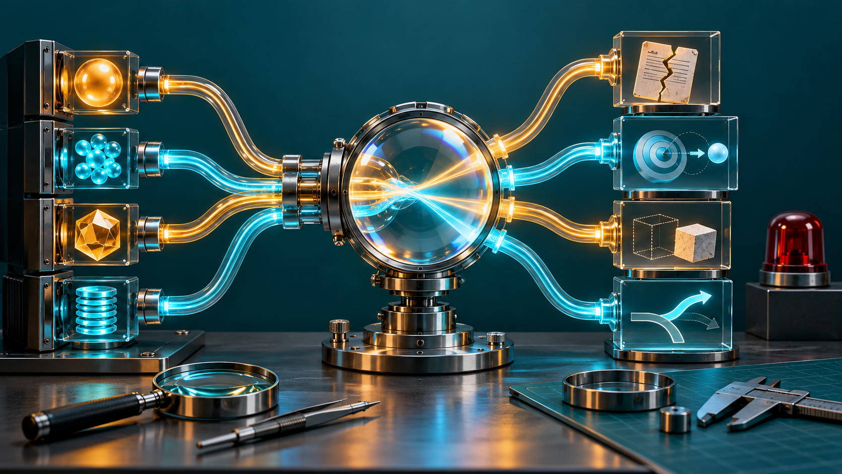A diagnostic lens separates a fluctuating light signal into several possible causes on an orderly workbench.