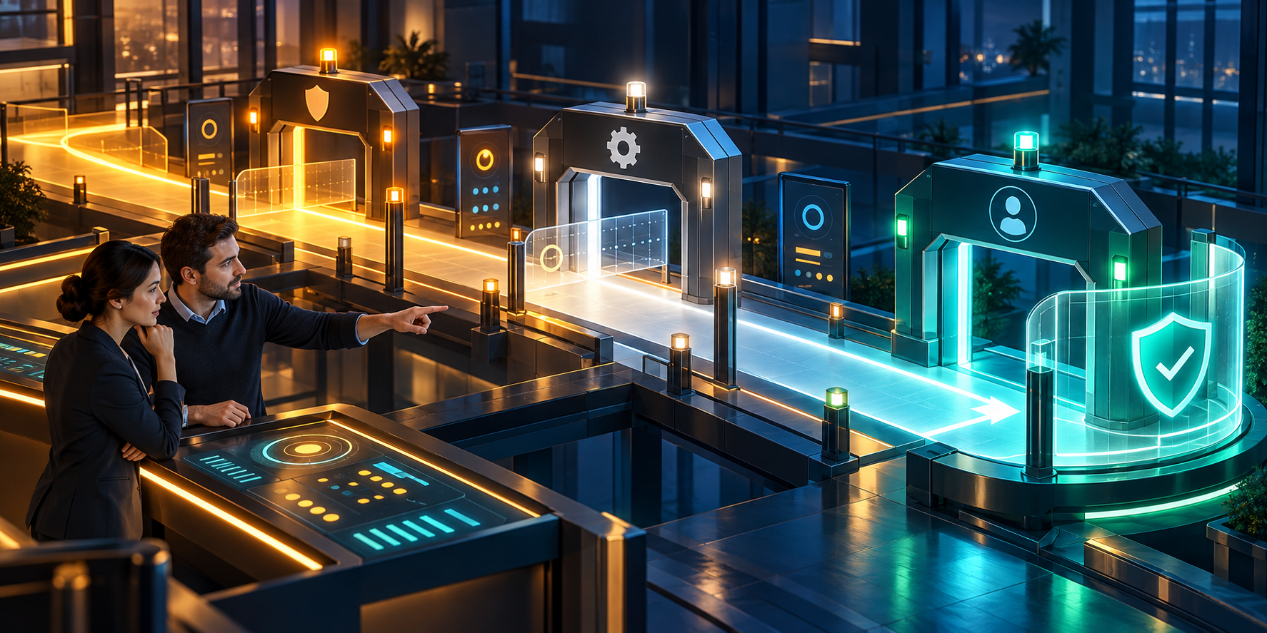 Two colleagues monitor a glowing pathway as it passes through three protected checkpoints beside abstract control panels.