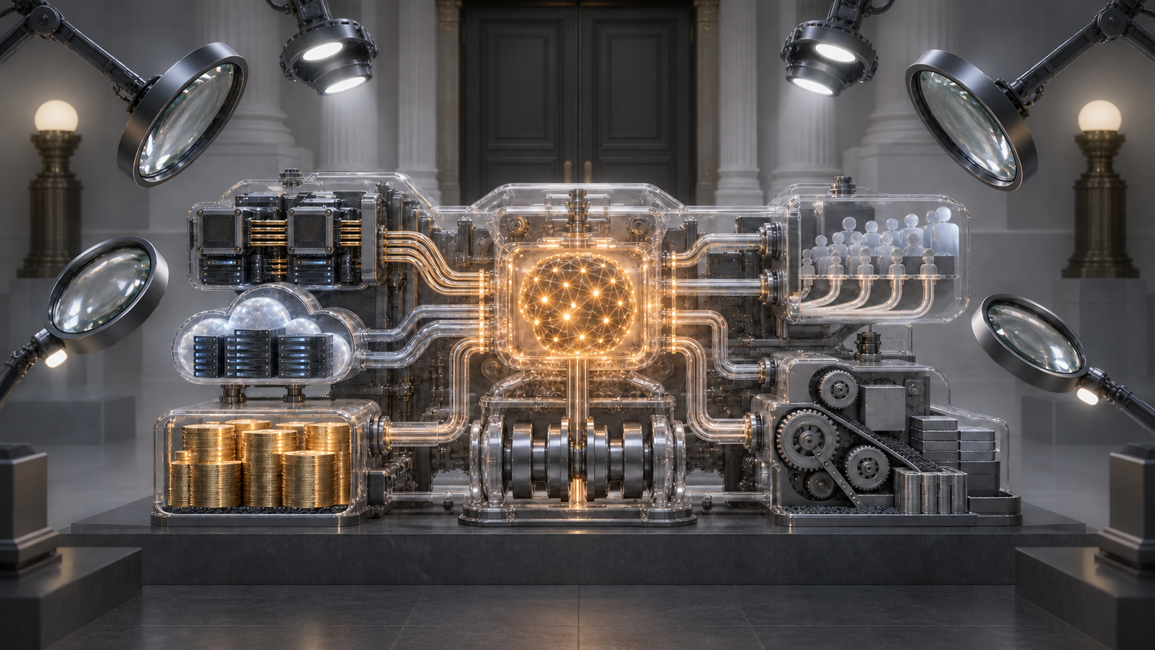A transparent AI business engine with computing, customer, cash, and cost components is examined under lenses before a closed public-market doorway.