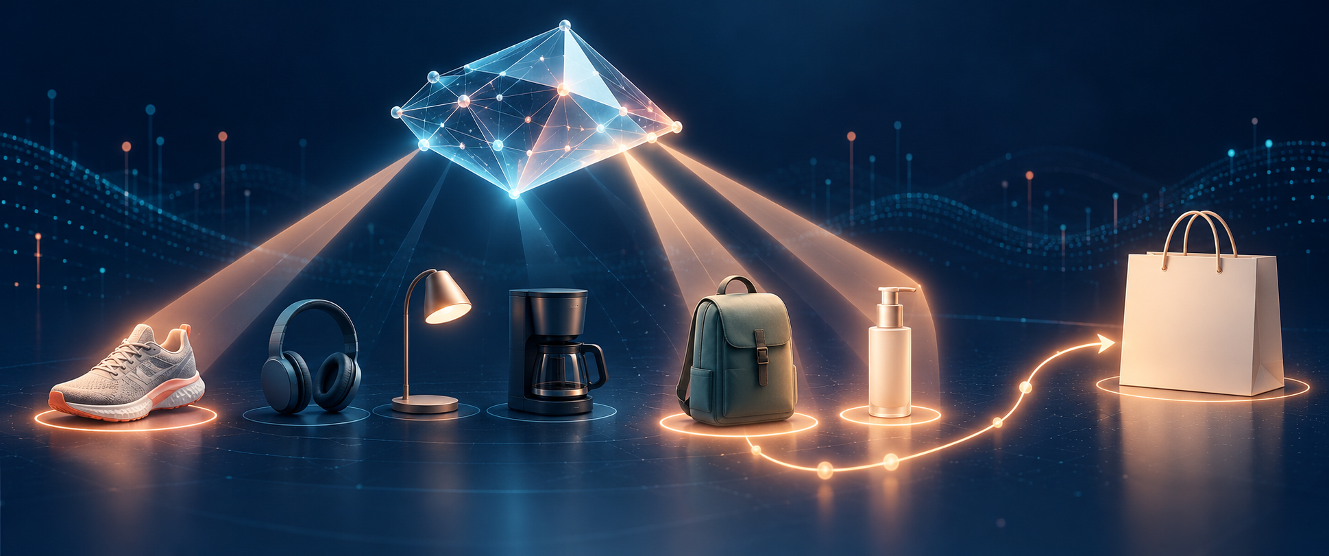 An abstract AI network filters a large assortment of generic products into a three-item shortlist connected to a shopping bag.