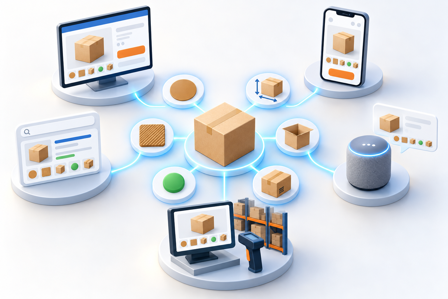 A central product record distributes matching attributes to a computer, phone, smart speaker, search card, and warehouse terminal.