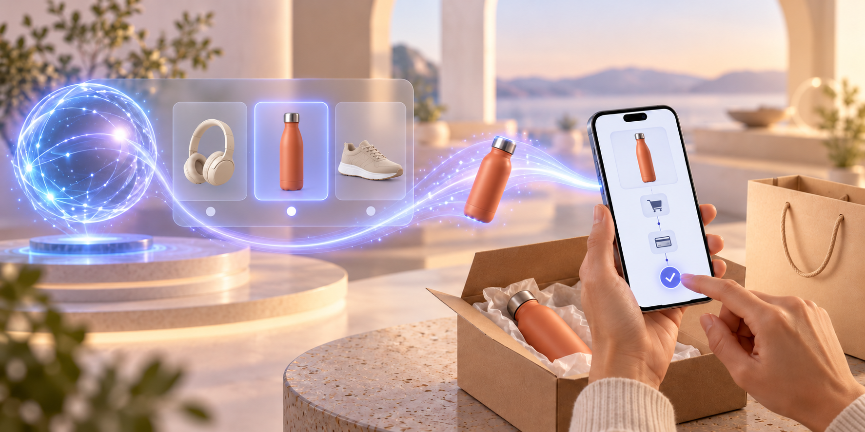 A glowing AI interface passes a selected product to a shopper's phone beside an open parcel and shopping bag.