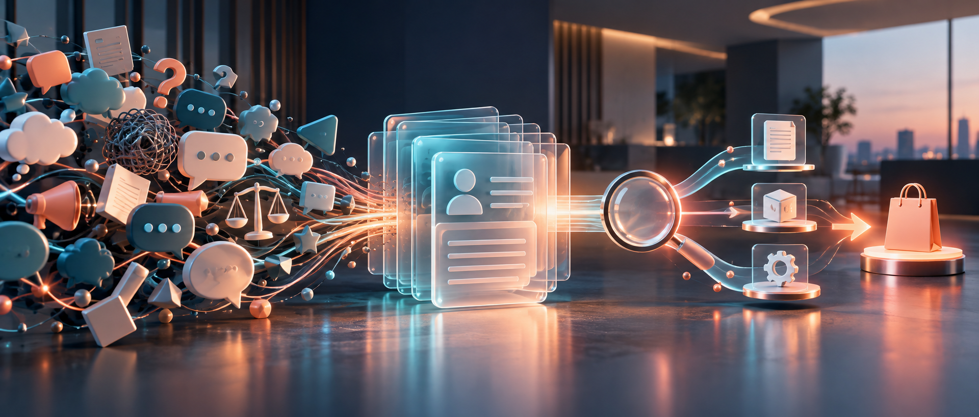 Layered CRM record cards transform customer conversation symbols into focused search and content pathways.