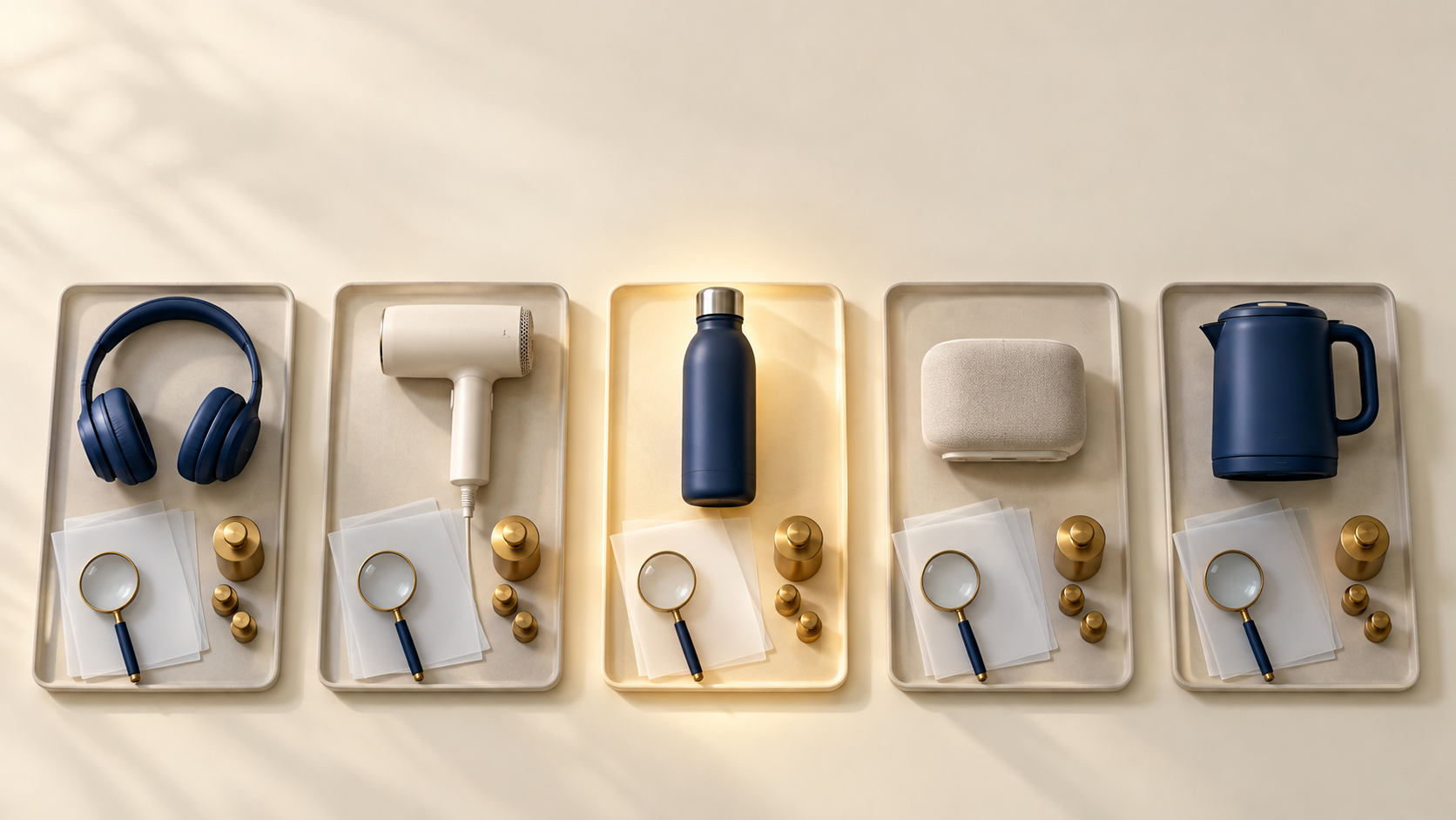 Unbranded products arranged on matching trays with magnifying glasses, evidence folders, and balance weights, with one option illuminated at the center.