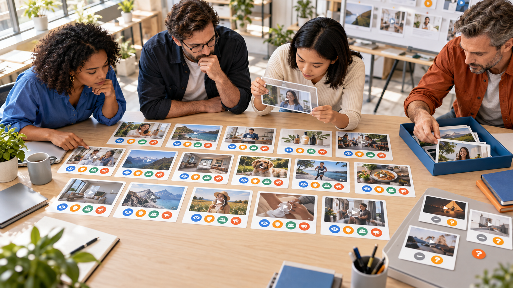 A campaign team inspects generic video storyboard cards and separates approved clips from assets that need further review.